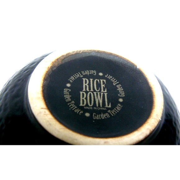 Ceramic Rice Bowl with Textured Black Exterior & Green/Beige Interior Vintage - Picture 3 of 5